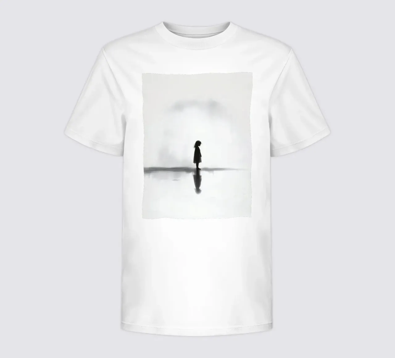 Girl standing alone in silhouette against a misty background kids t-shirt by DesignDoodle