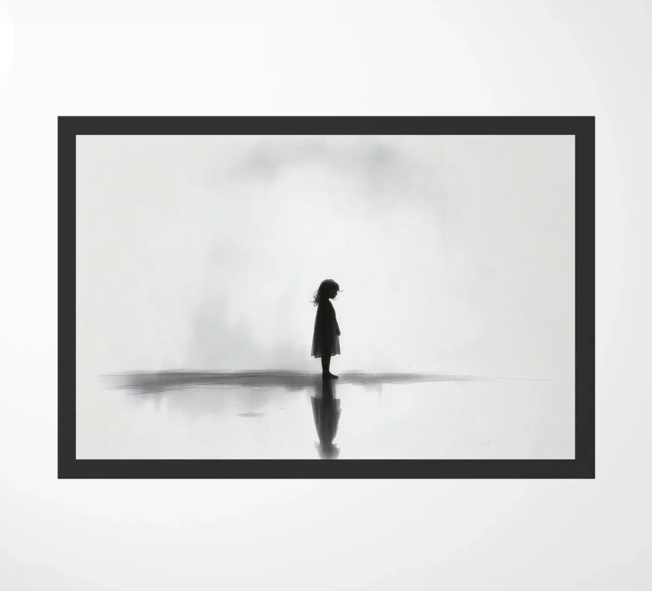 Ragazza in piedi da sola in silhouette su uno sfondo nebbioso zerbino da DesignDoodle