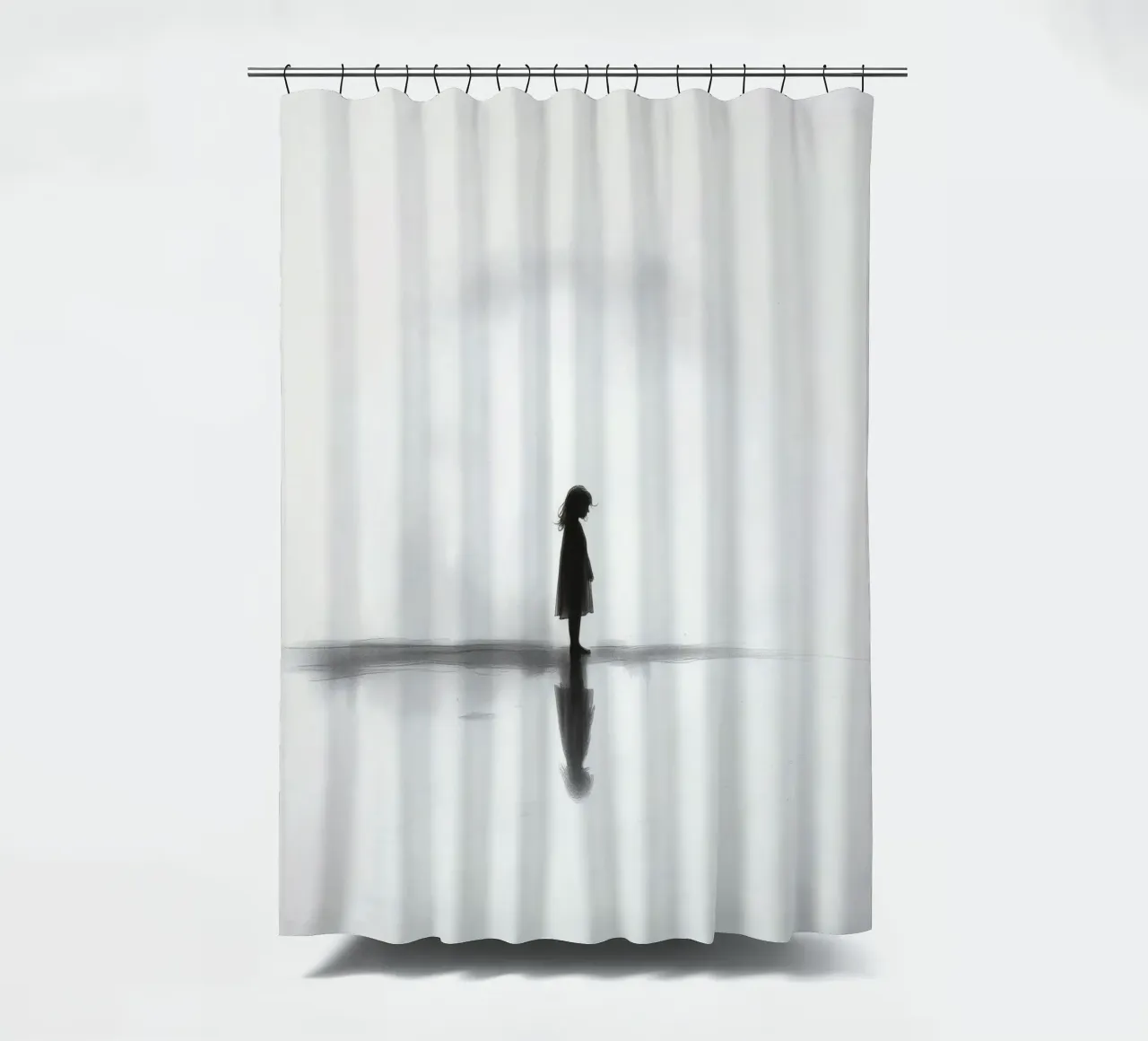 Girl standing alone in silhouette against a misty background shower curtain by DesignDoodle