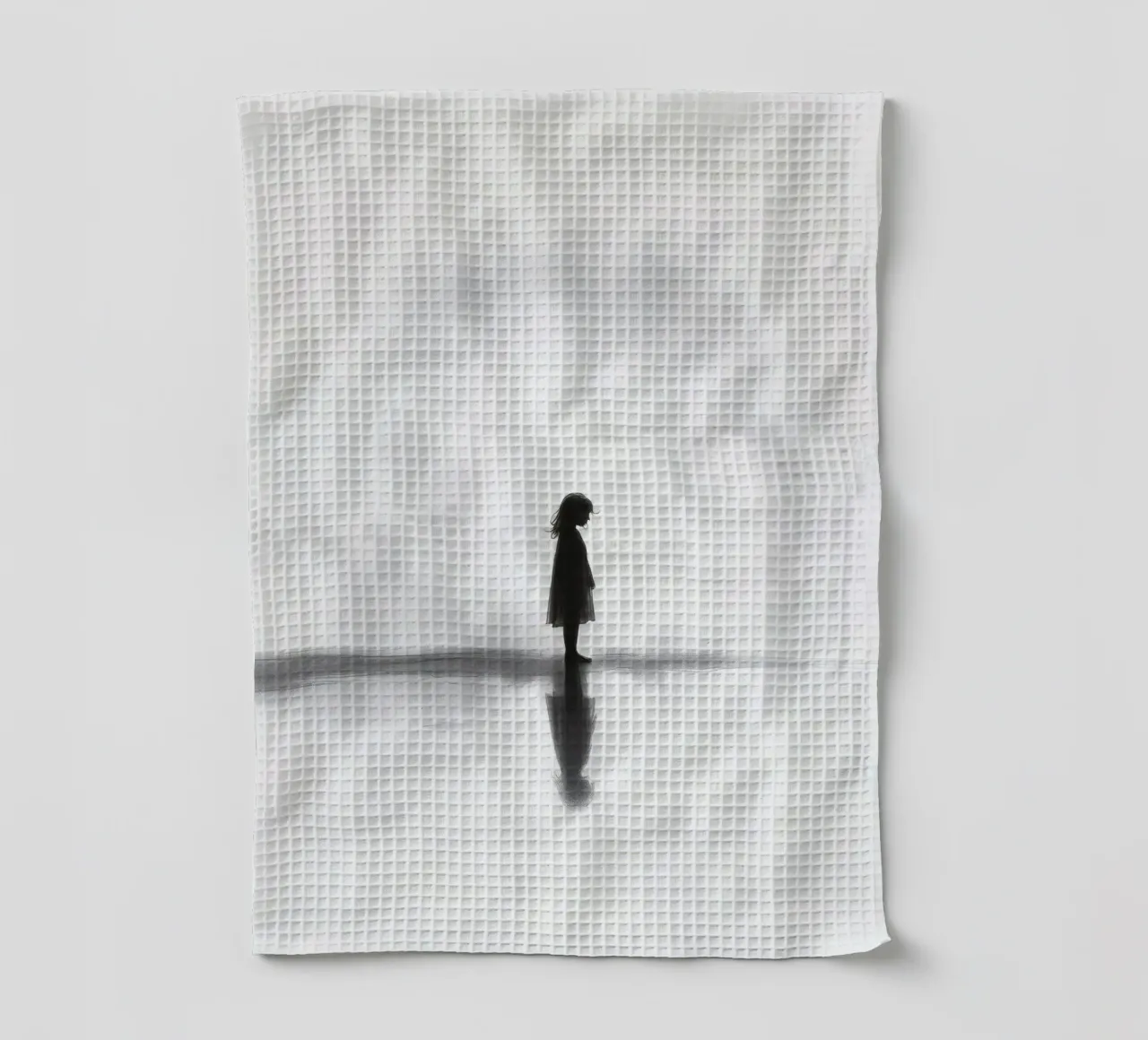 Ragazza in piedi da sola in silhouette su uno sfondo nebbioso canovaccio da cucina da DesignDoodle