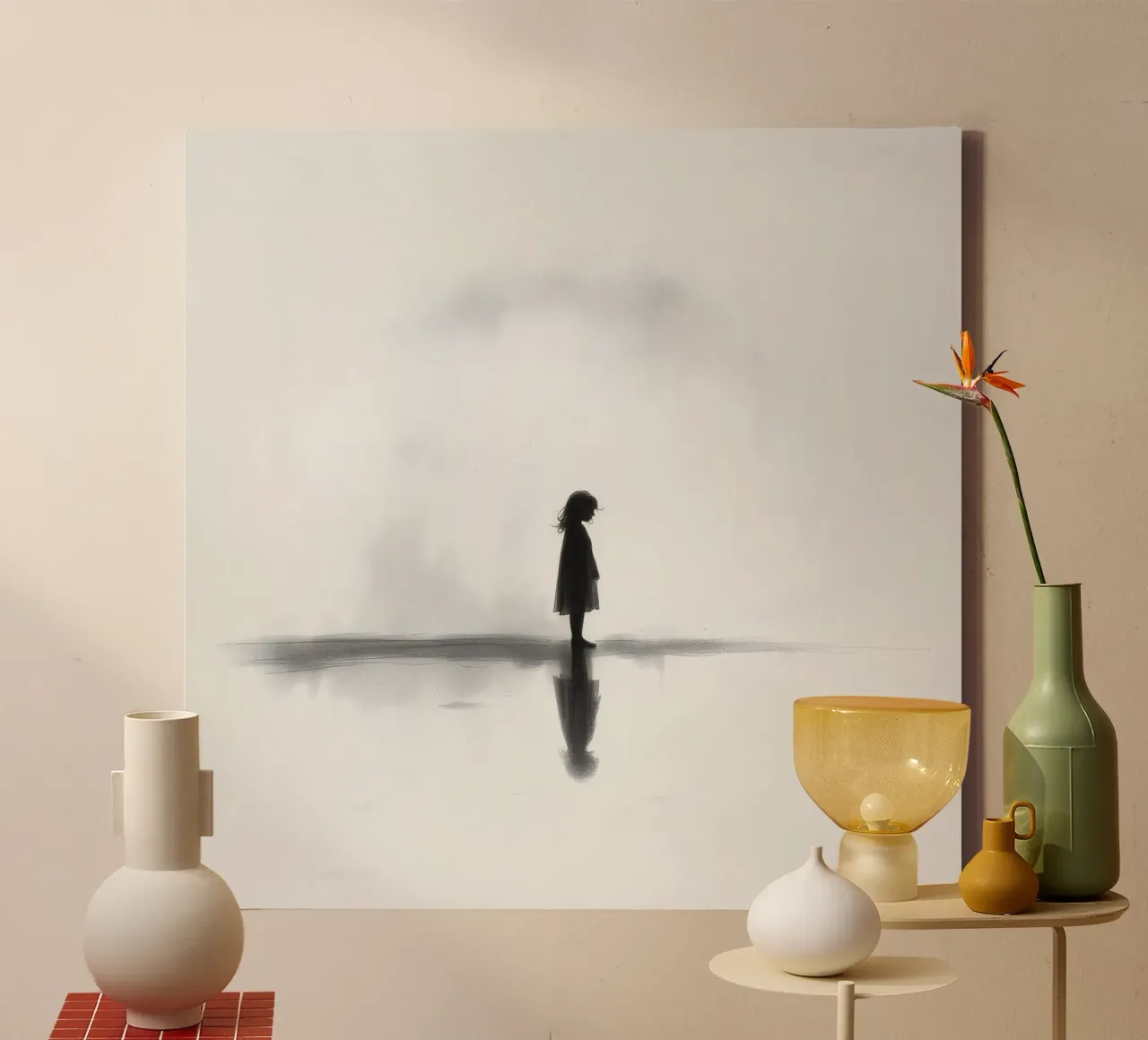 Girl standing alone in silhouette against a misty background canvas by DesignDoodle