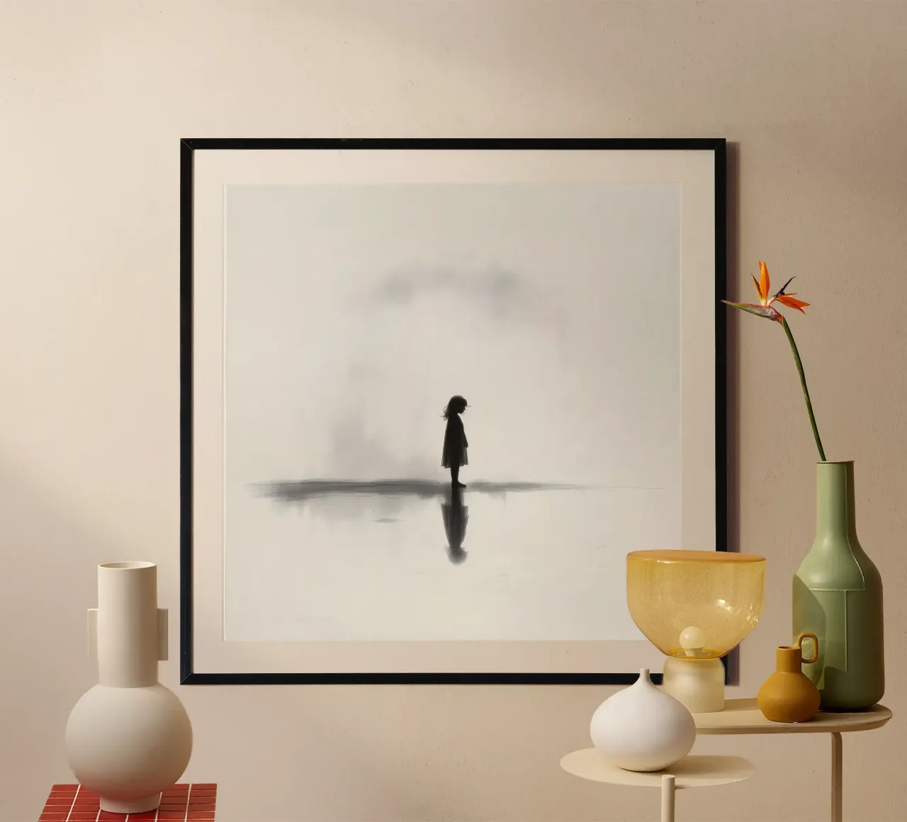 Ragazza in piedi da sola in silhouette su uno sfondo nebbioso poster da DesignDoodle