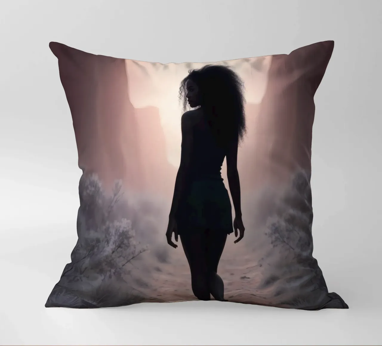 Donna cammina attraverso uno stretto canyon al crepuscolo cuscino da DesignDoodle