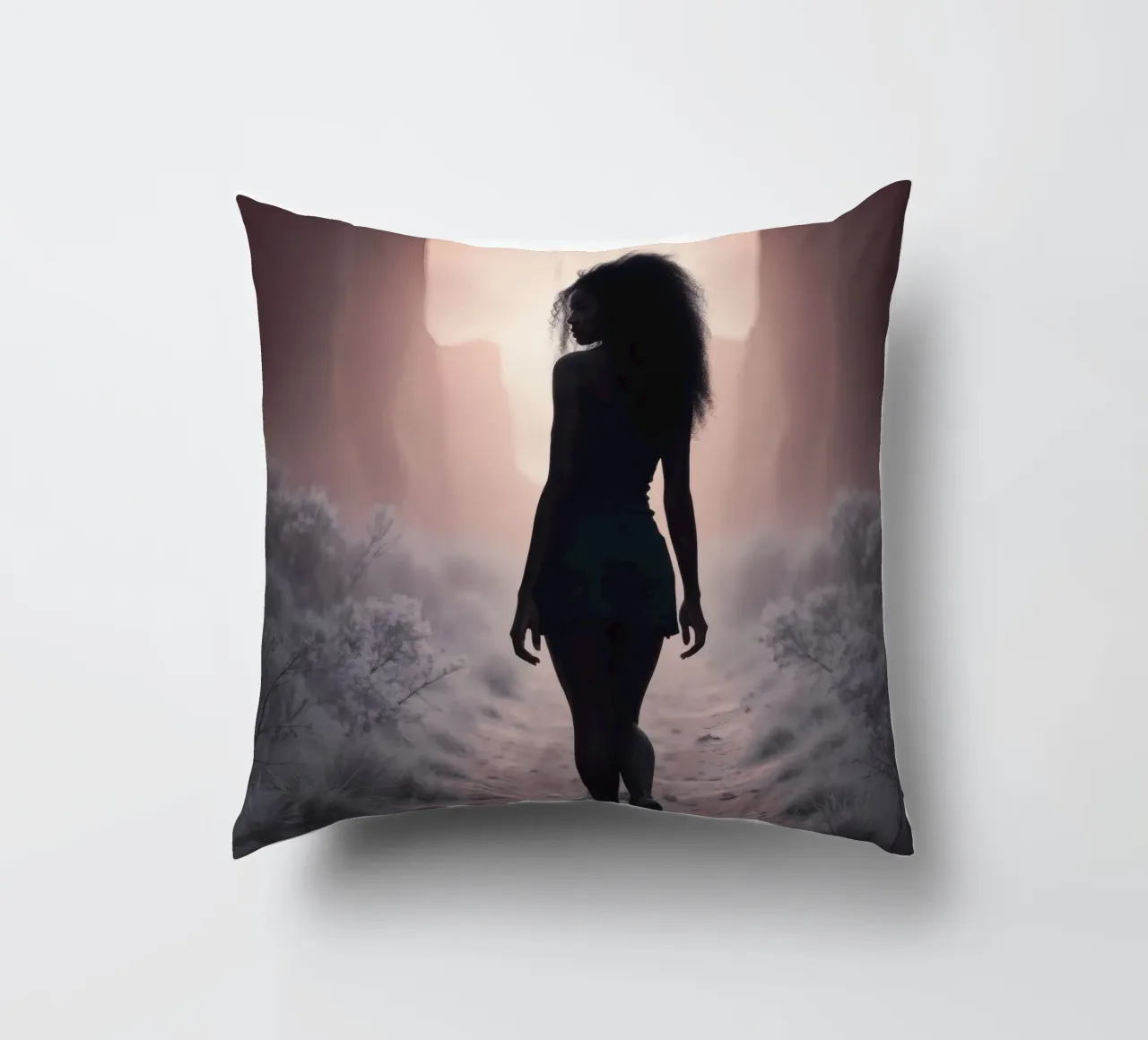 Donna cammina attraverso uno stretto canyon al crepuscolo cuscino da DesignDoodle