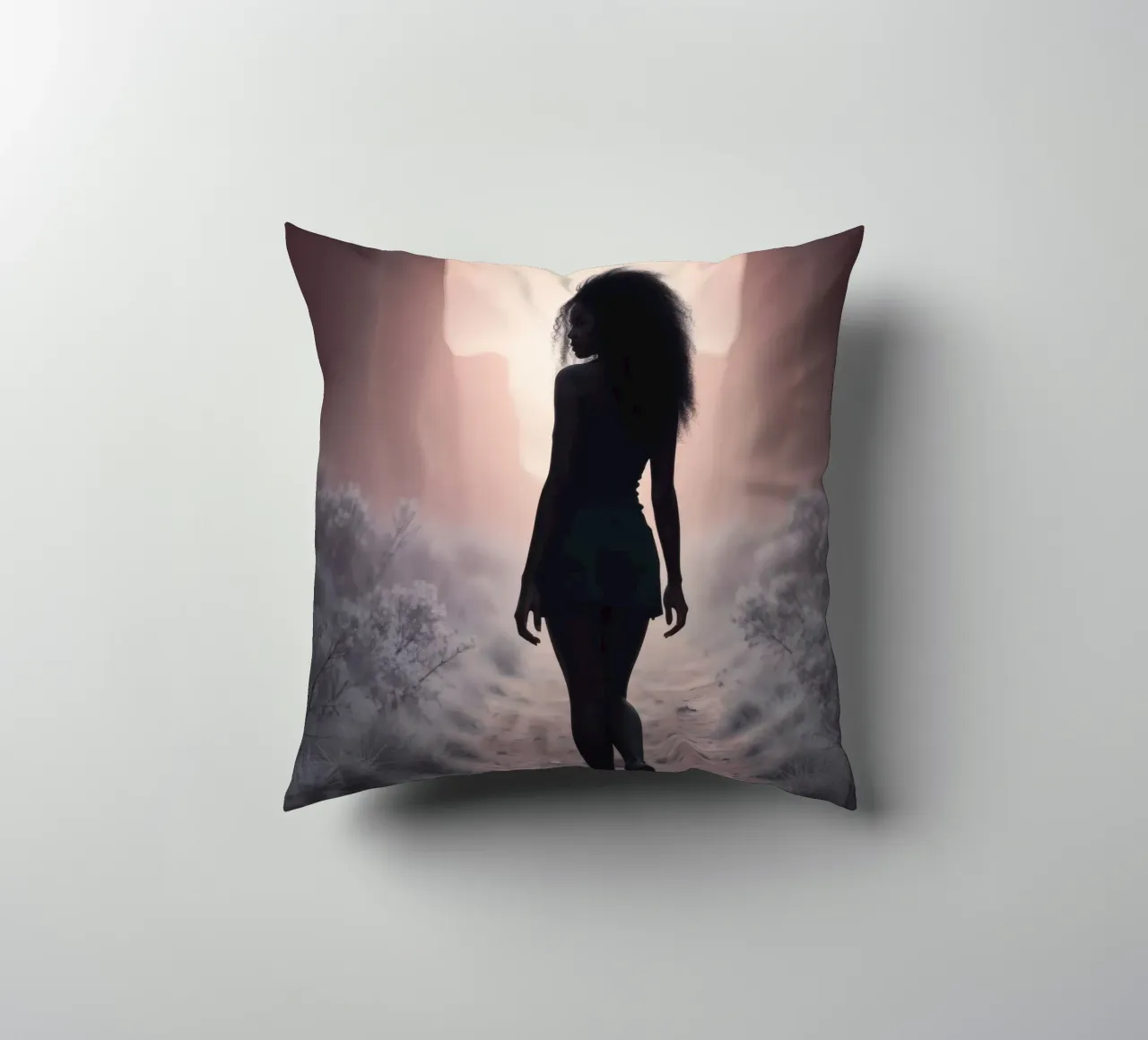 Donna cammina attraverso uno stretto canyon al crepuscolo cuscino da DesignDoodle