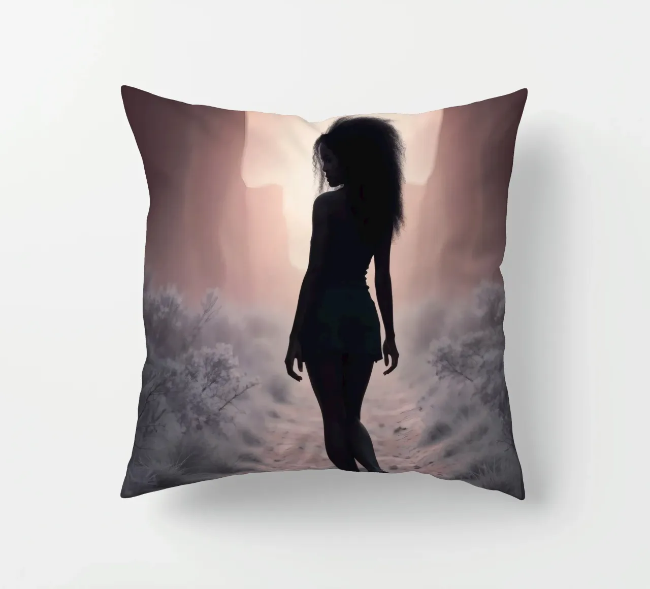 Donna cammina attraverso uno stretto canyon al crepuscolo cuscino da DesignDoodle