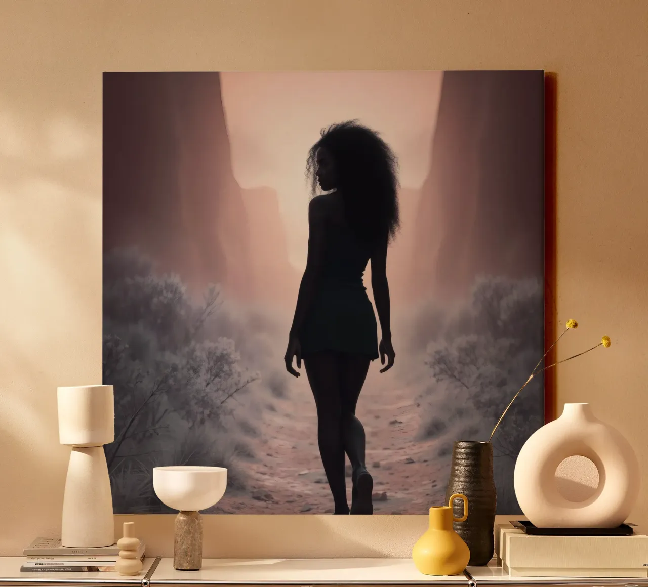 Frau geht in der Abenddämmerung durch eine enge Schlucht Leinwand mit Schattenfugenrahmen von DesignDoodle