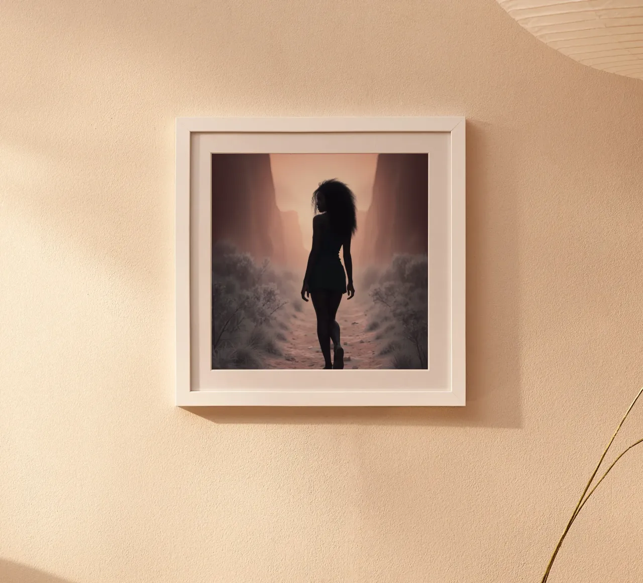 Donna cammina attraverso uno stretto canyon al crepuscolo poster con telaio in plastica da DesignDoodle