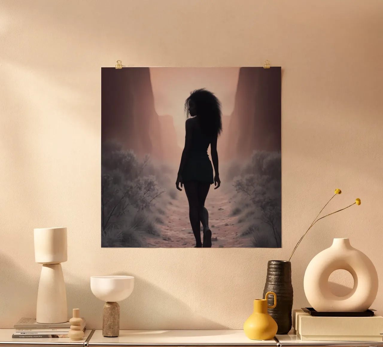 Donna cammina attraverso uno stretto canyon al crepuscolo poster con telaio in plastica da DesignDoodle