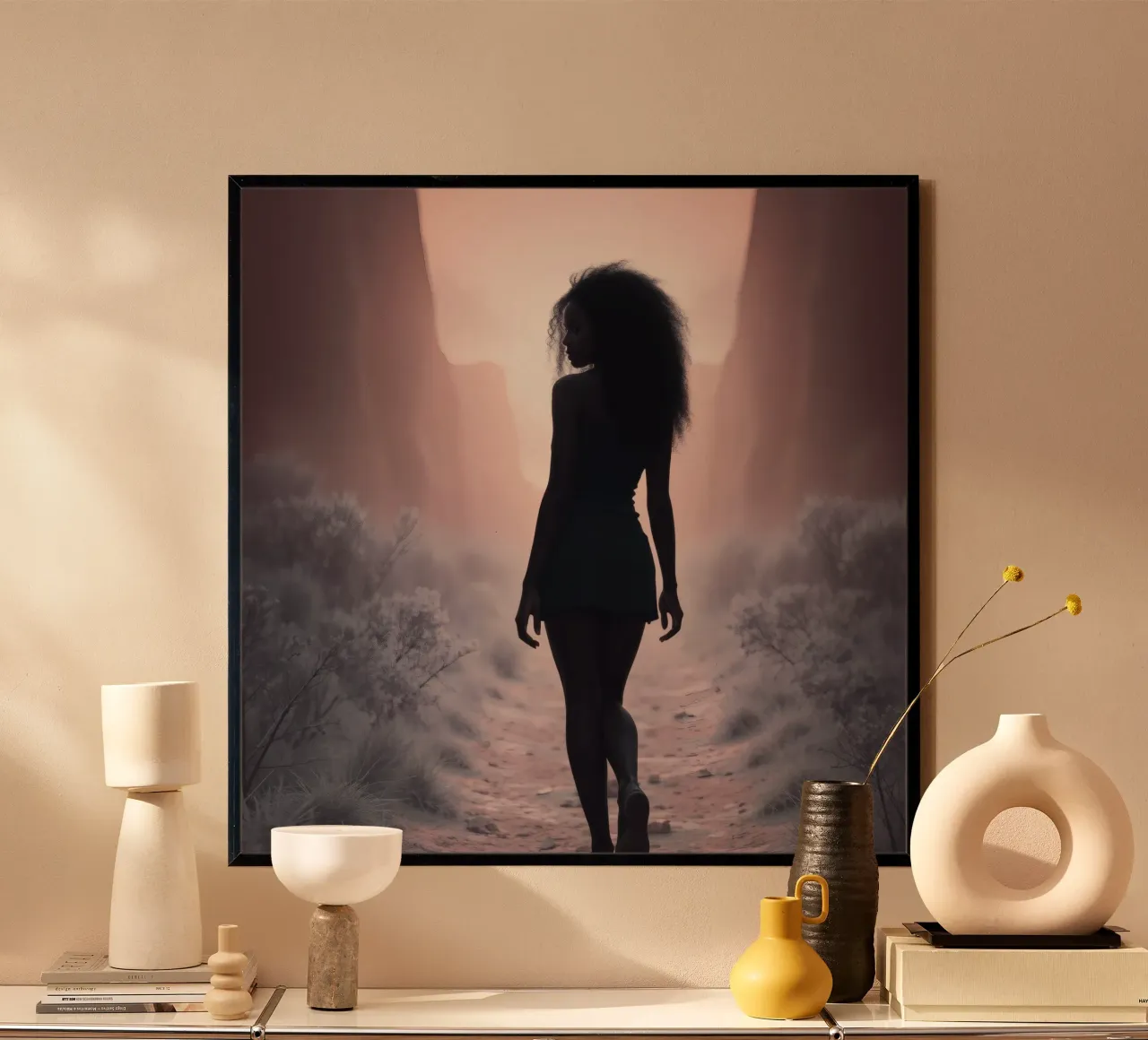 Donna cammina attraverso uno stretto canyon al crepuscolo poster con telaio in plastica da DesignDoodle