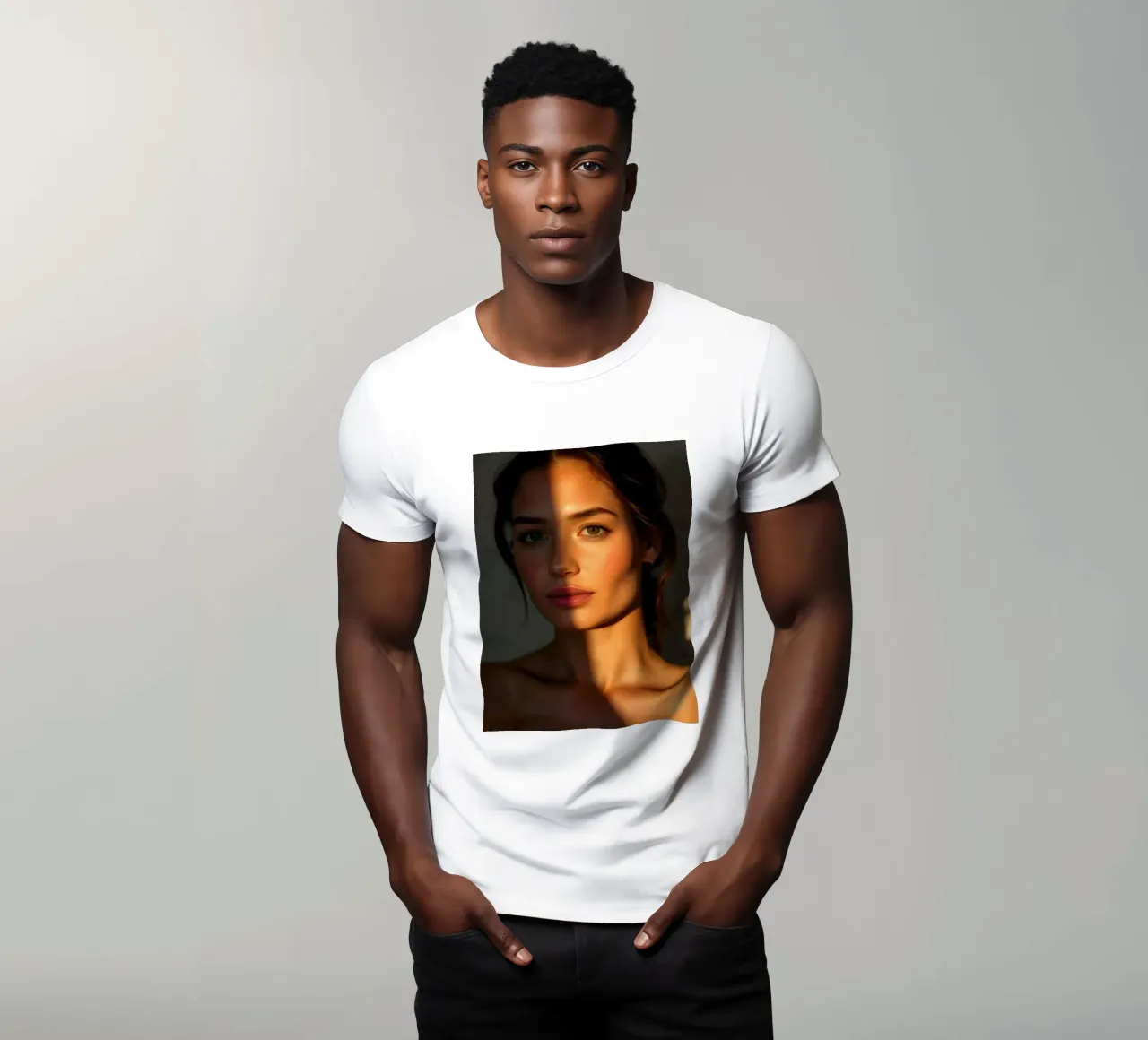 Zonlicht werpt dramatische schaduwen op het gezicht van een vrouw t-shirt van DesignDoodle