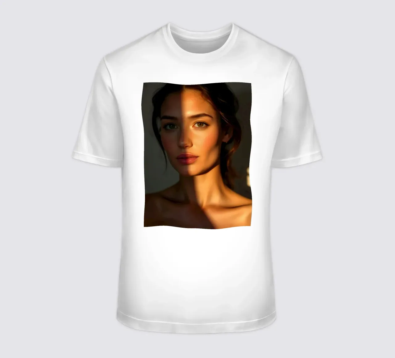 Zonlicht werpt dramatische schaduwen op het gezicht van een vrouw t-shirt van DesignDoodle