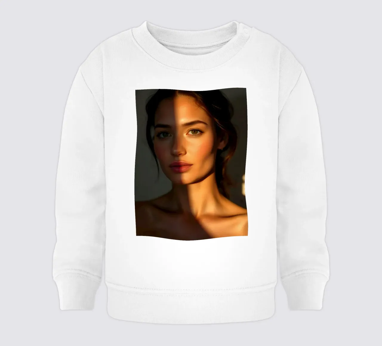 Sunlight casts dramatic shadows on a woman's face baby sweatshirt by DesignDoodle