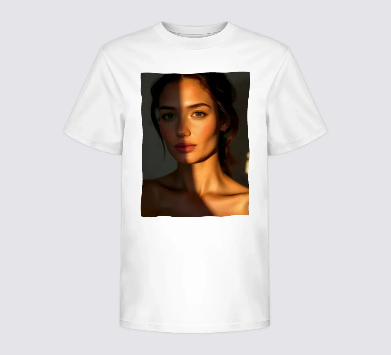 Sunlight casts dramatic shadows on a woman's face kids t-shirt by DesignDoodle