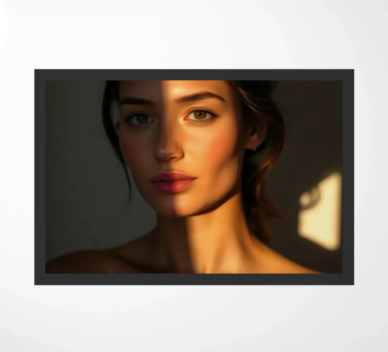 Zonlicht werpt dramatische schaduwen op het gezicht van een vrouw deurmat van DesignDoodle