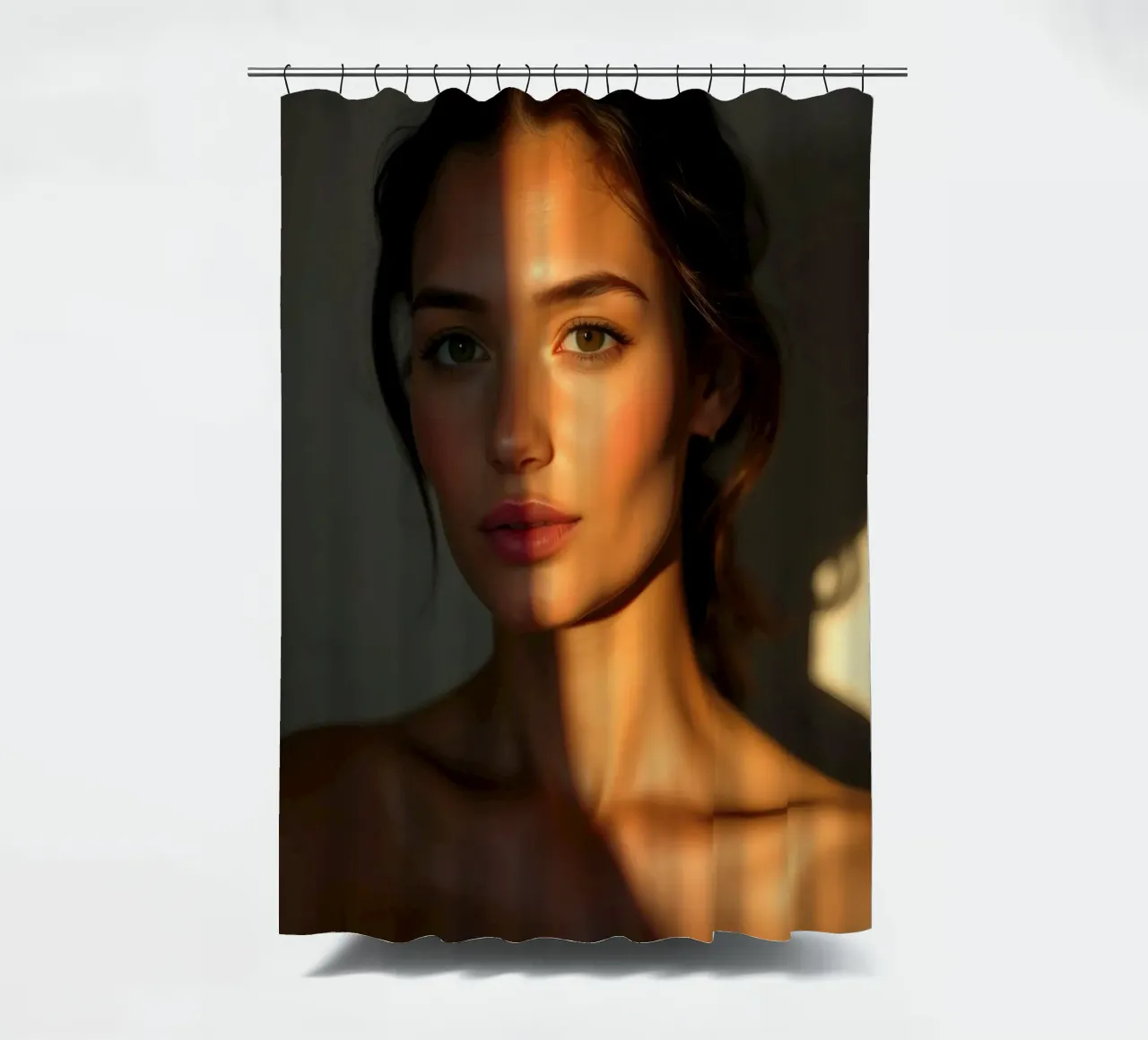 Zonlicht werpt dramatische schaduwen op het gezicht van een vrouw douchegordijn van DesignDoodle