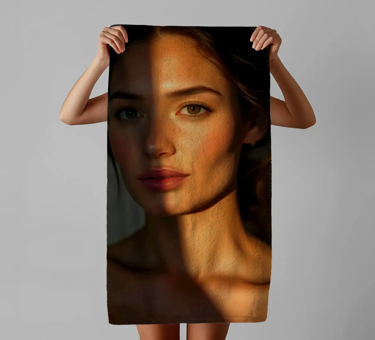 Sunlight casts dramatic shadows on a woman's face towel by DesignDoodle