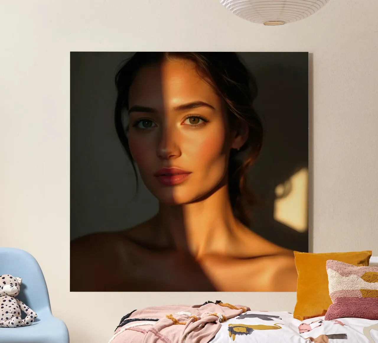 Zonlicht werpt dramatische schaduwen op het gezicht van een vrouw acryl van DesignDoodle