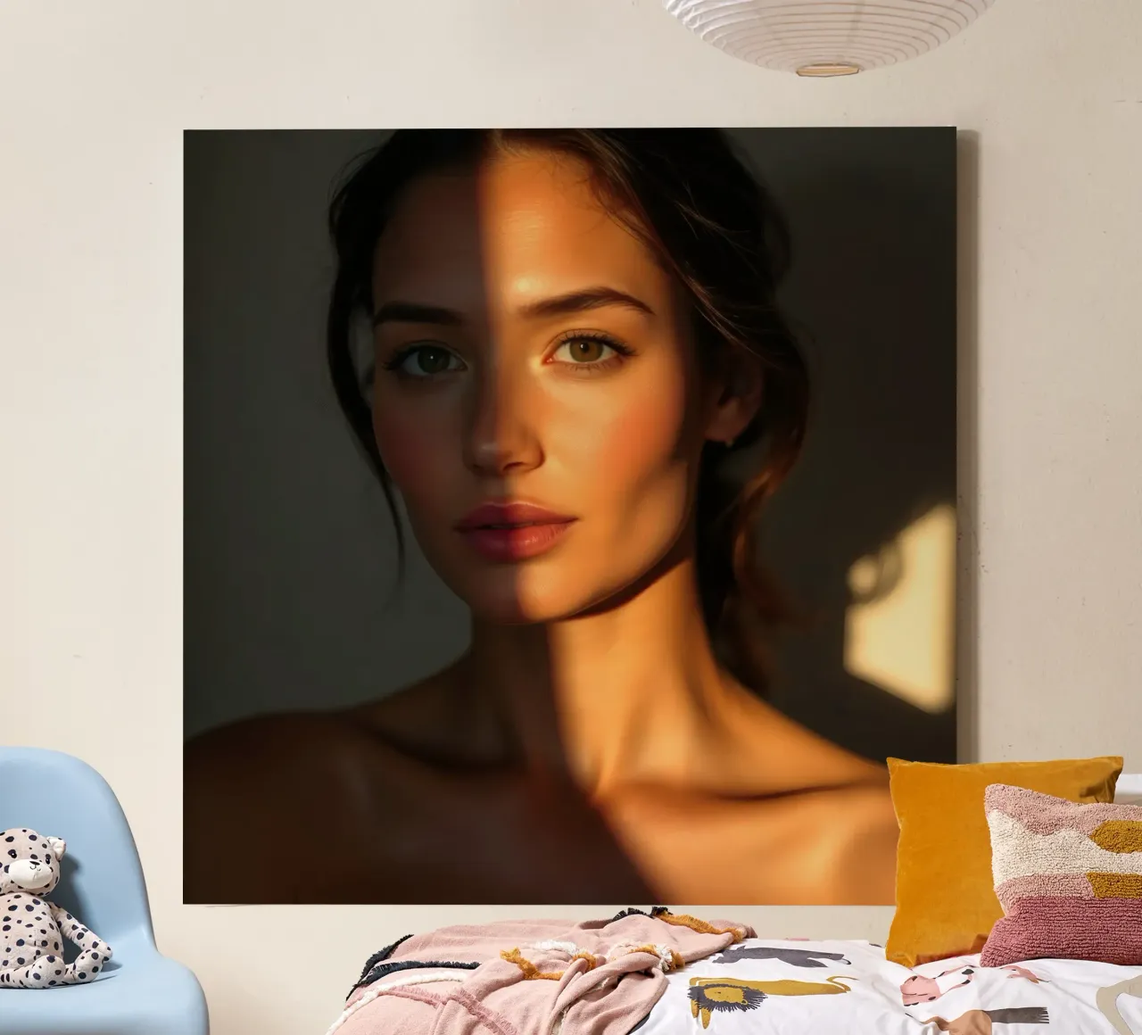Zonlicht werpt dramatische schaduwen op het gezicht van een vrouw canvas van DesignDoodle