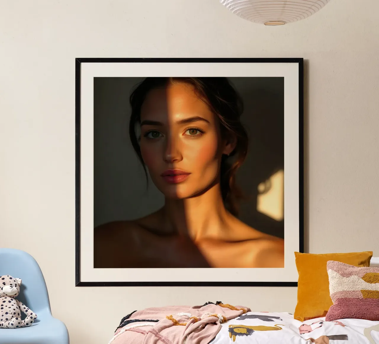 Zonlicht werpt dramatische schaduwen op het gezicht van een vrouw hahnemühle van DesignDoodle