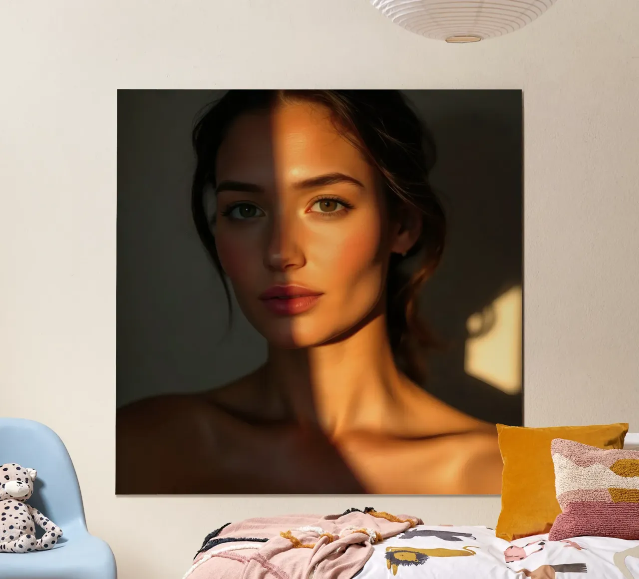 Zonlicht werpt dramatische schaduwen op het gezicht van een vrouw hahnemühle van DesignDoodle