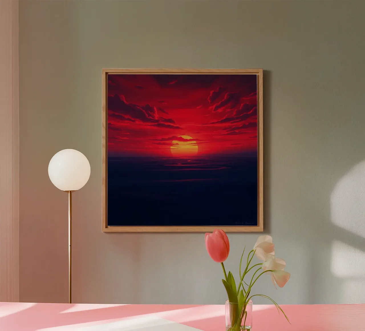 Tramonto vibrante sull'oceano con nuvole drammatiche alluminio dibond da DesignDoodle