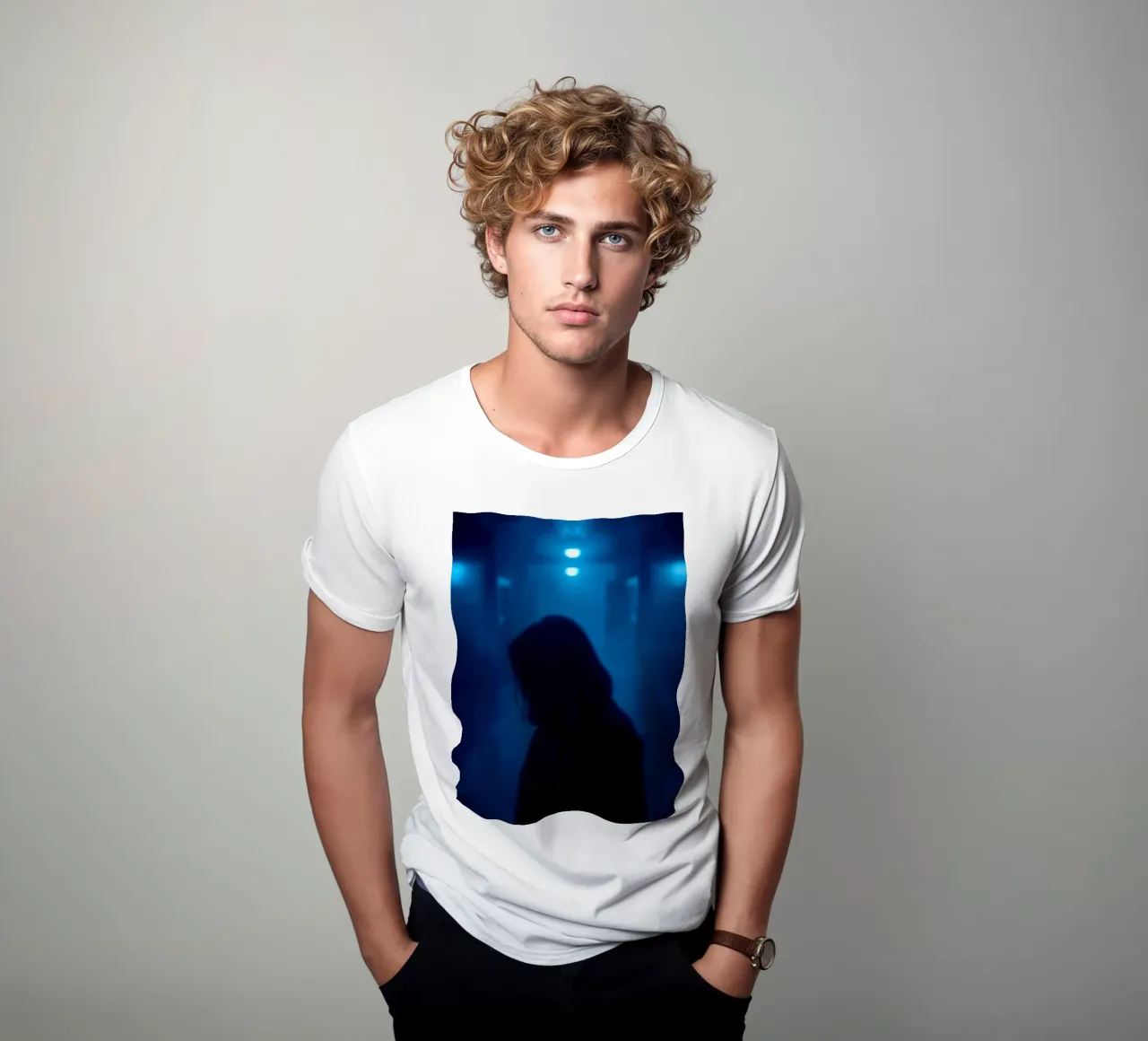 Donna in un corridoio poco illuminato con luci blu e nebbia t-shirt da DesignDoodle