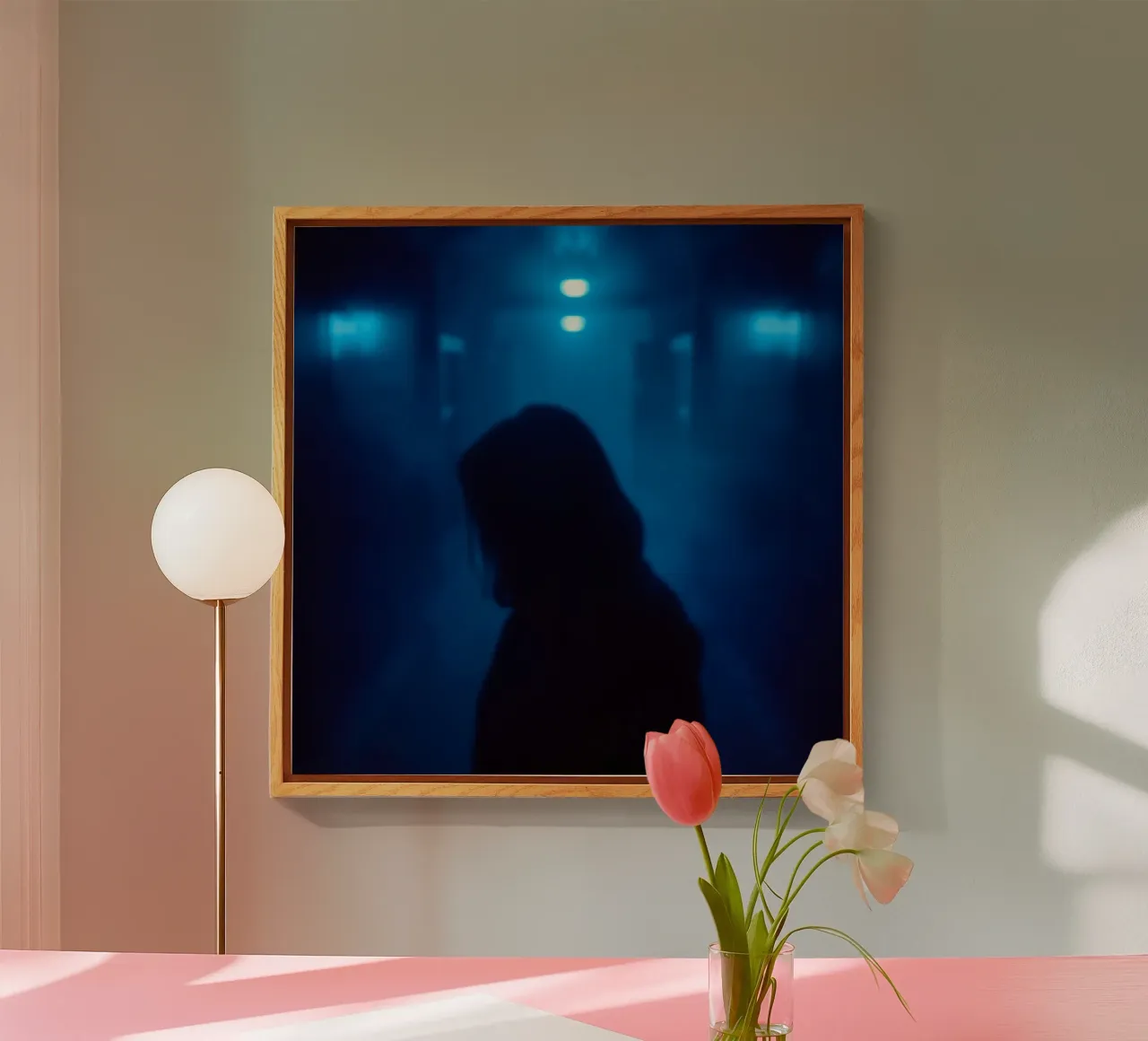 Donna in un corridoio poco illuminato con luci blu e nebbia plexiglass da DesignDoodle