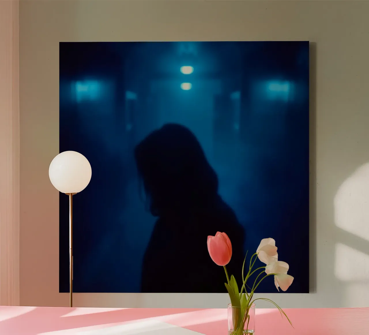 Woman in a dimly lit corridor with blue lighting and fog canvas by DesignDoodle