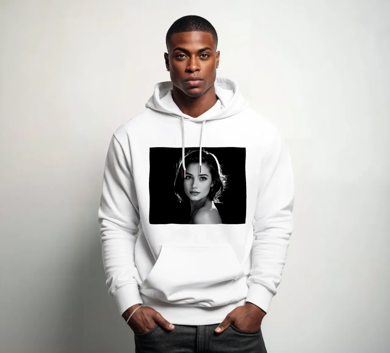 une jeune femme sur un fond sombre légèrement éclairé sweat à capuche de DesignDoodle