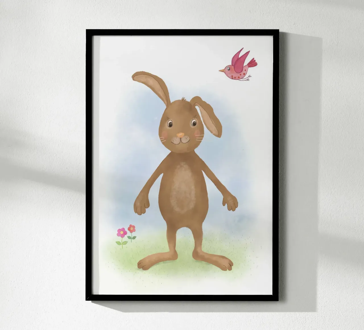 Hase mit Vögelchen poster con telaio in alluminio da Farbwelten