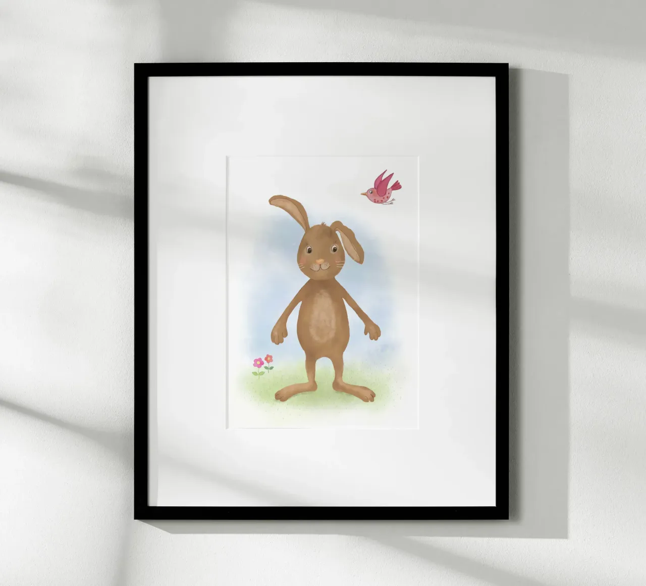 Hase mit Vögelchen poster con telaio in alluminio da Farbwelten