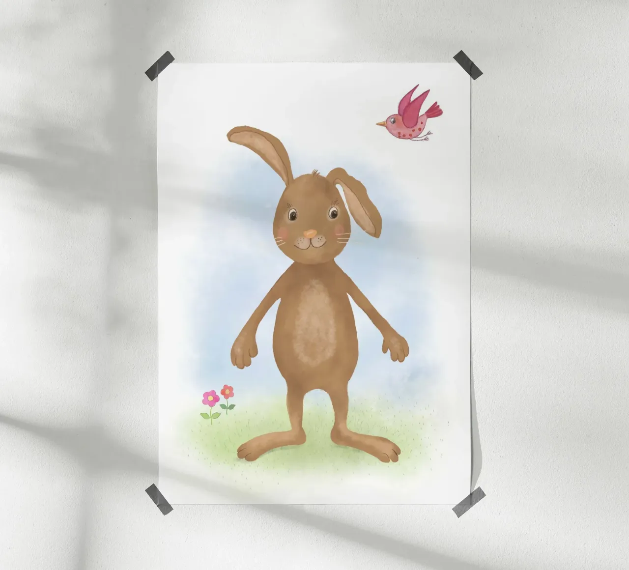 Hase mit Vögelchen poster con telaio in alluminio da Farbwelten
