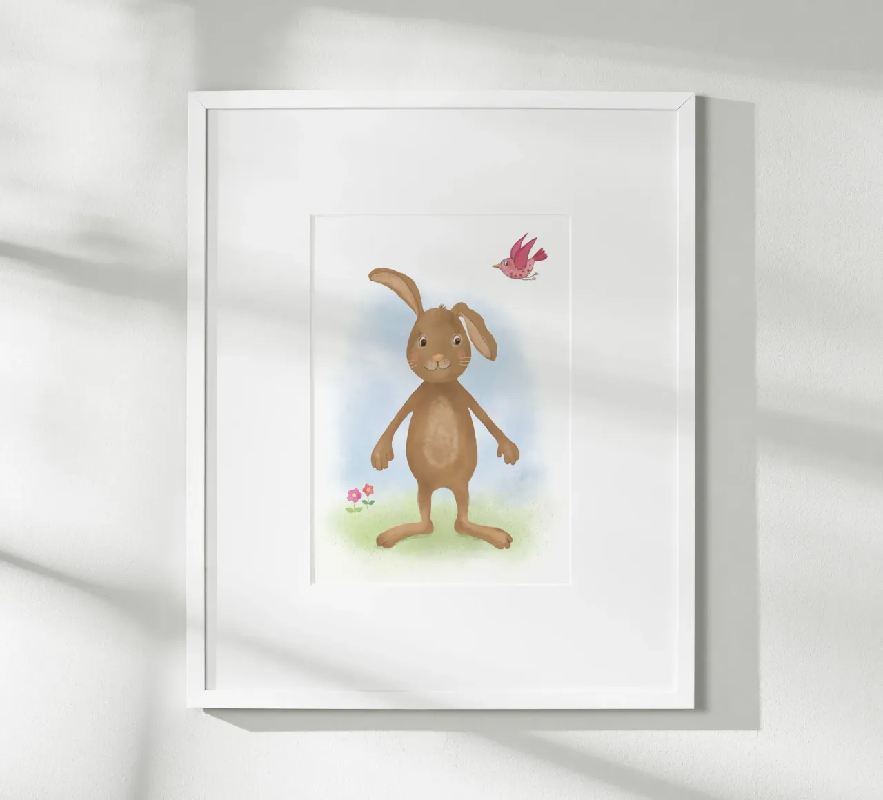 Hase mit Vögelchen poster con telaio in alluminio da Farbwelten