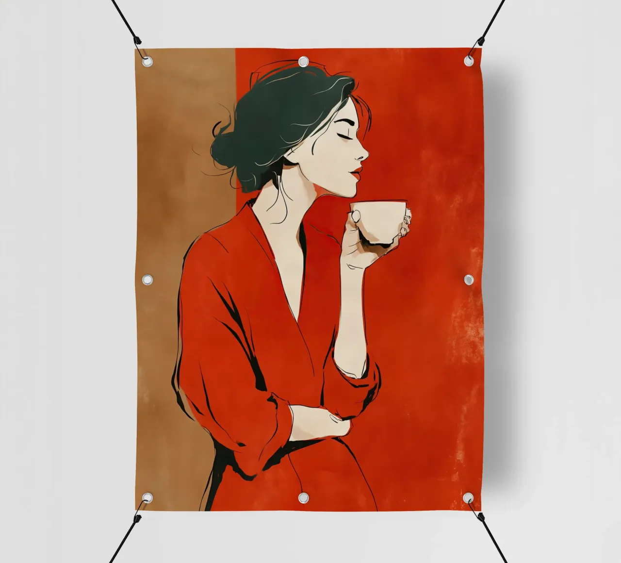 Donna mindful al suo primo caffè mattutino telo in pvc da Autofocus