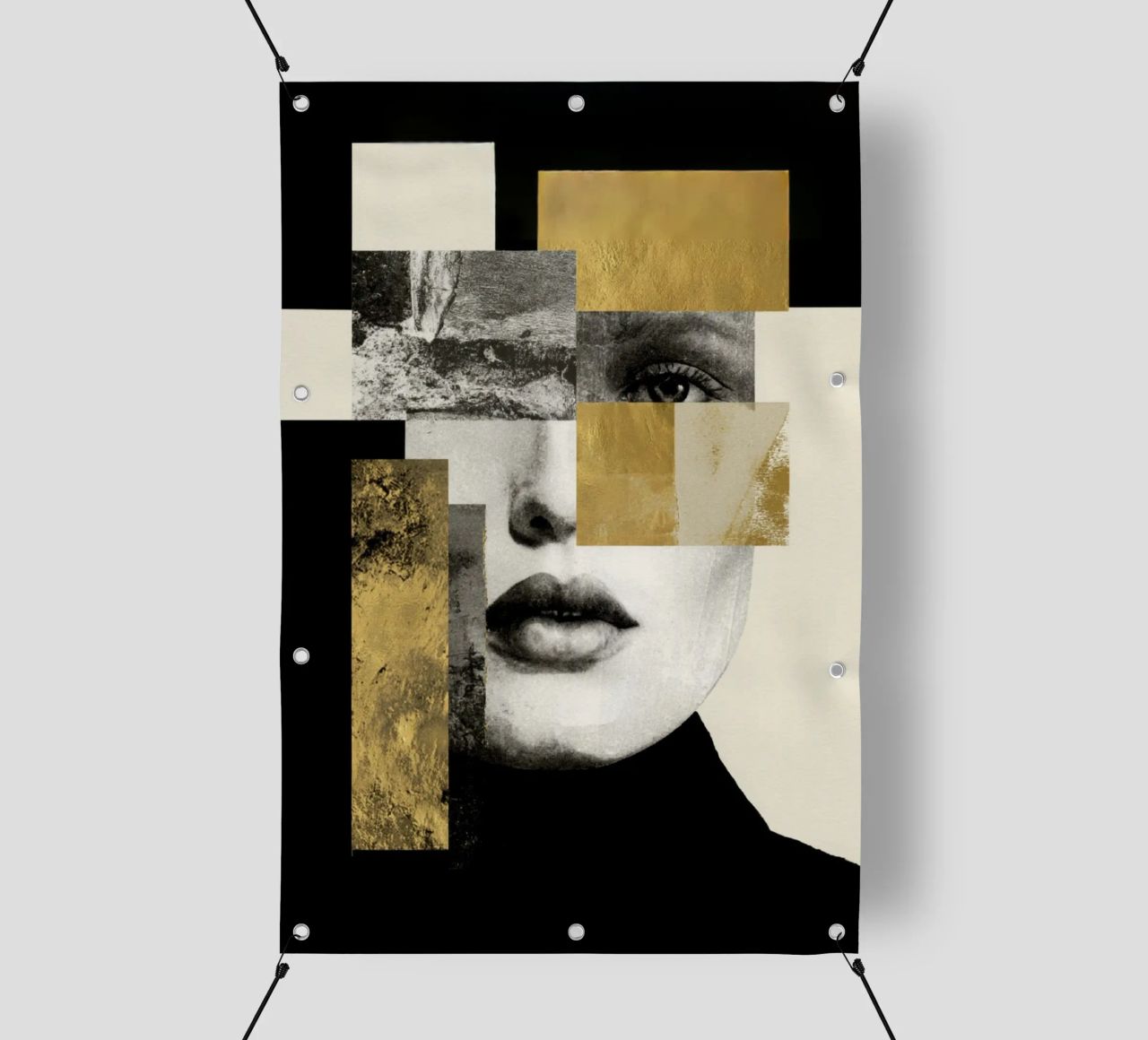 Portrait féminin fragmenté avec accents de collage en or bâche pvc de Modern Muse