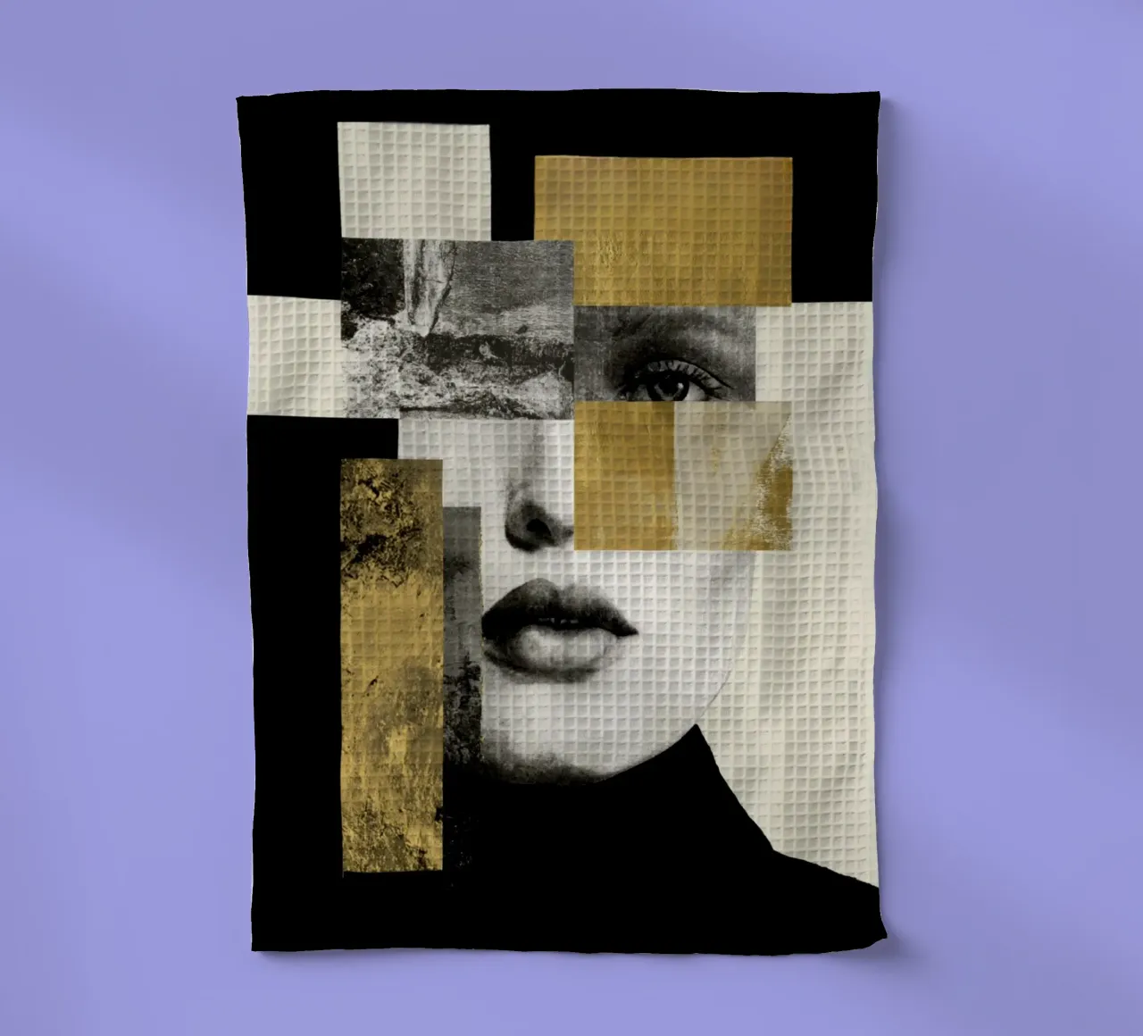 Ritratto femminile frammentato con accenti di collage oro canovaccio da cucina da Modern Muse