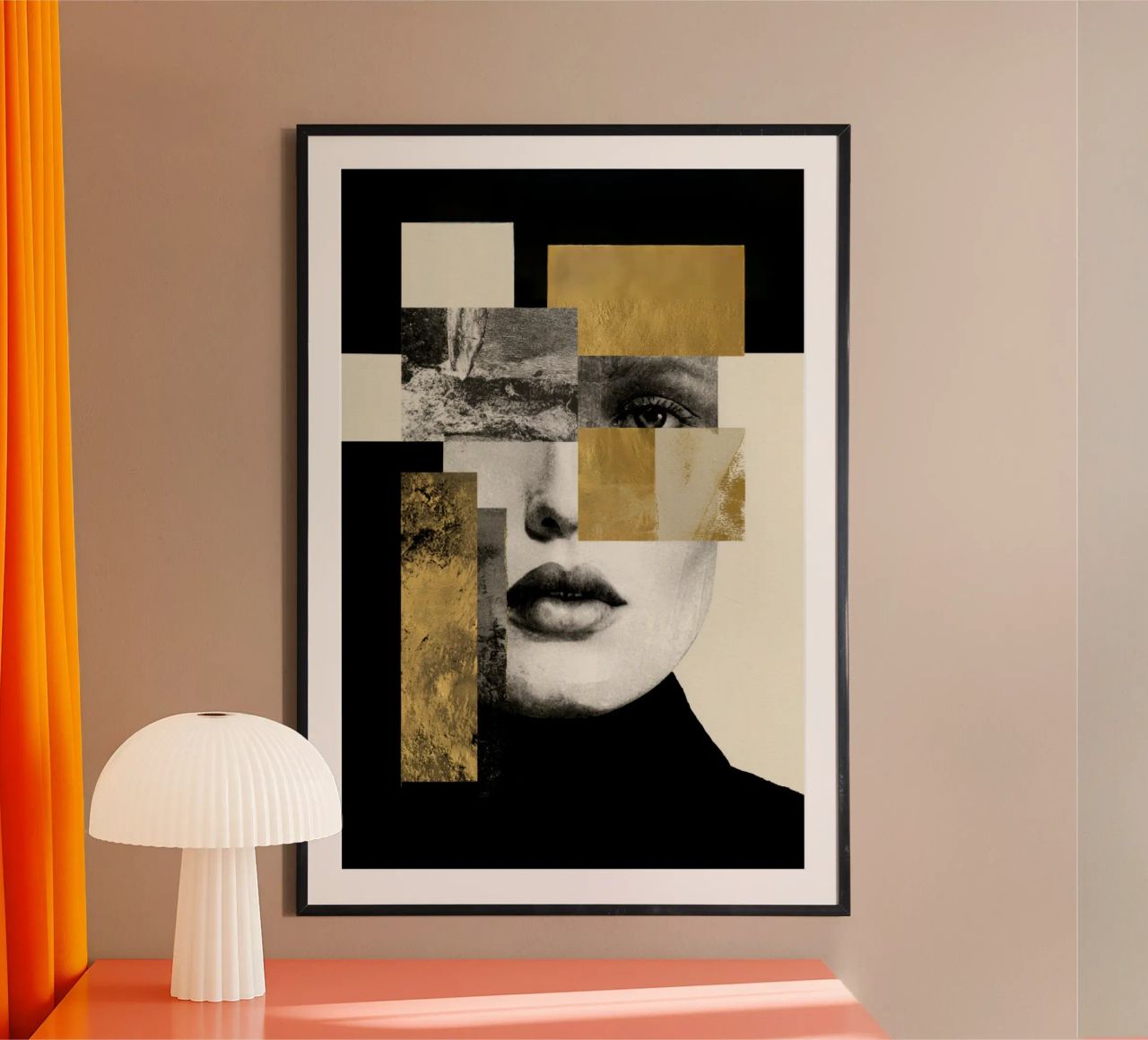 Fragmented Female Portrait with Gold Collage Accents poster with plastic frame by Modern Muse
