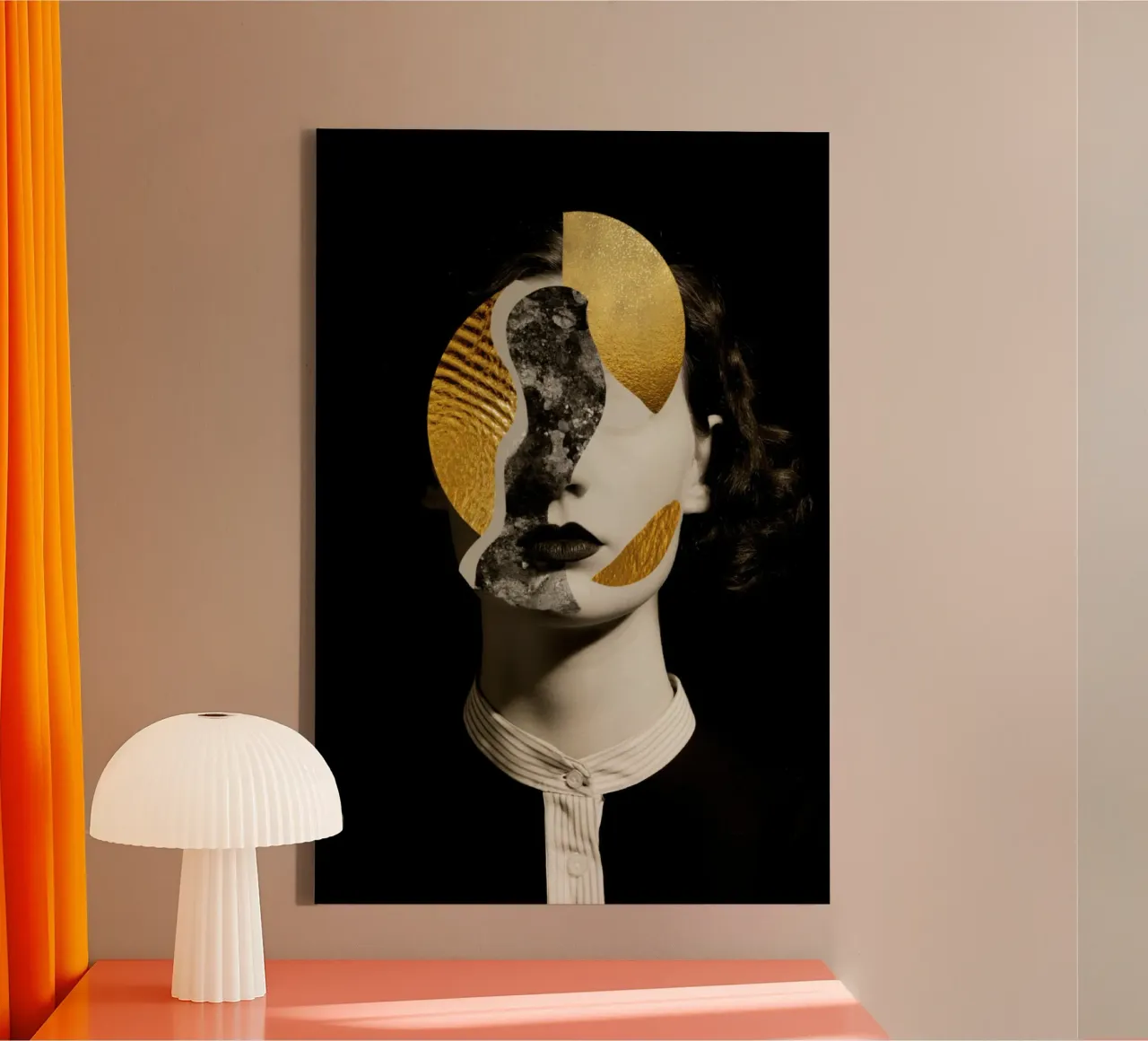 Abstract Female Portrait with Gold and Monochrome Blocks canvas with Floater frame by Modern Muse