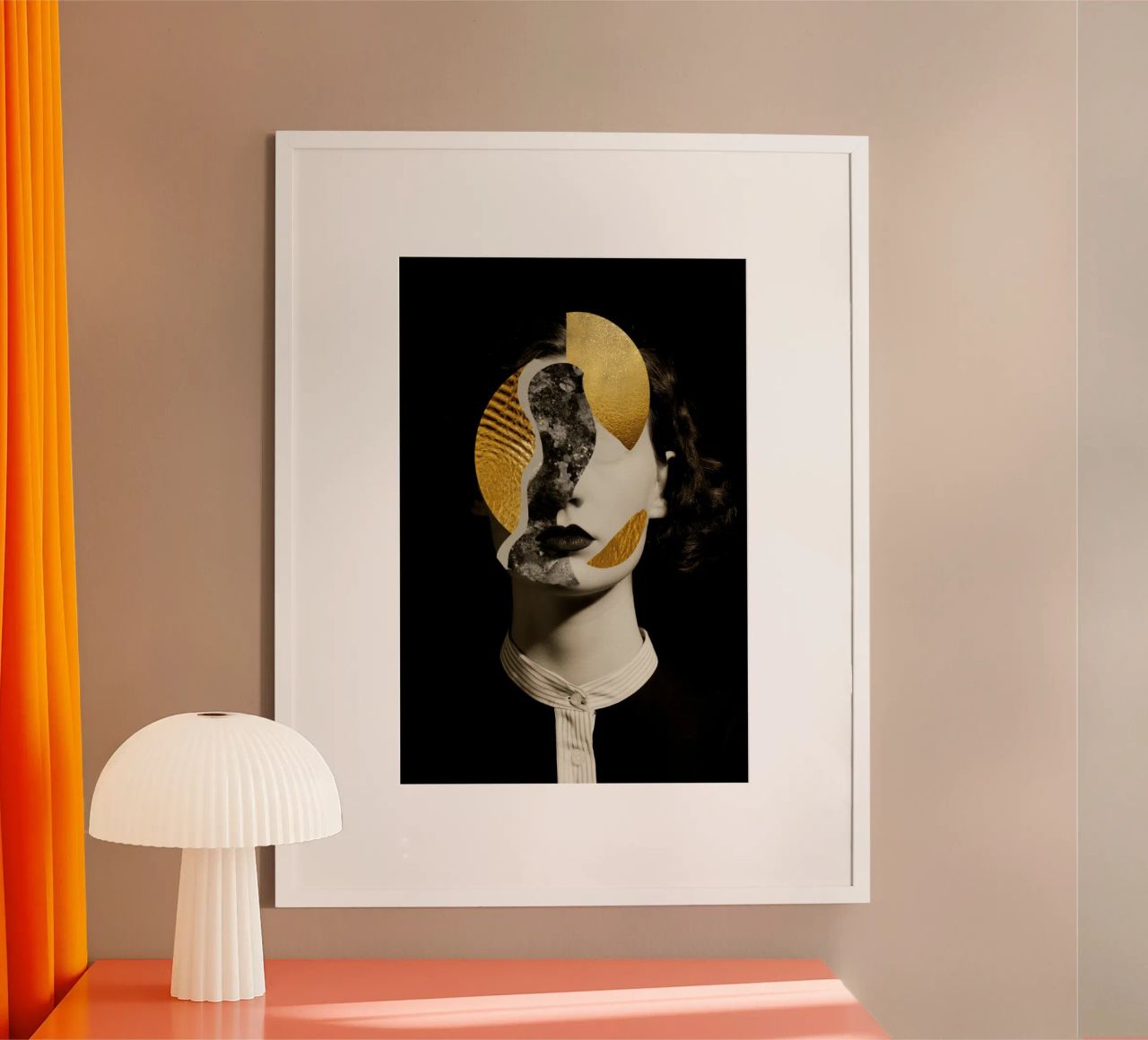 Abstraktes Frauenporträt mit goldenen und monochromen Blöcken Poster von Modern Muse