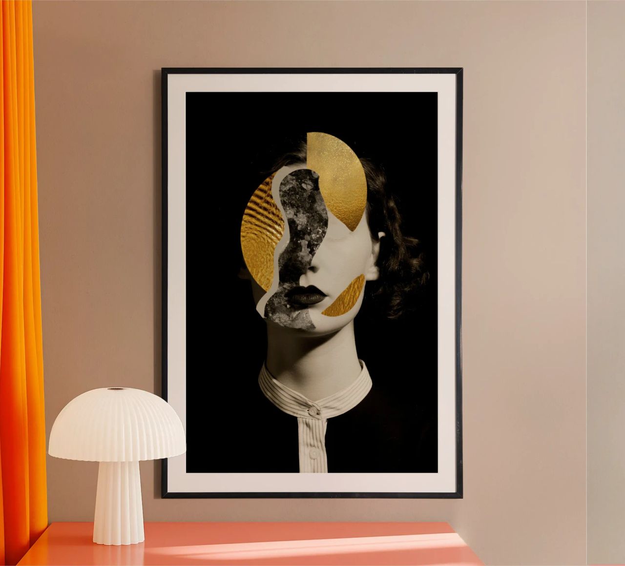 Abstraktes Frauenporträt mit goldenen und monochromen Blöcken Poster von Modern Muse
