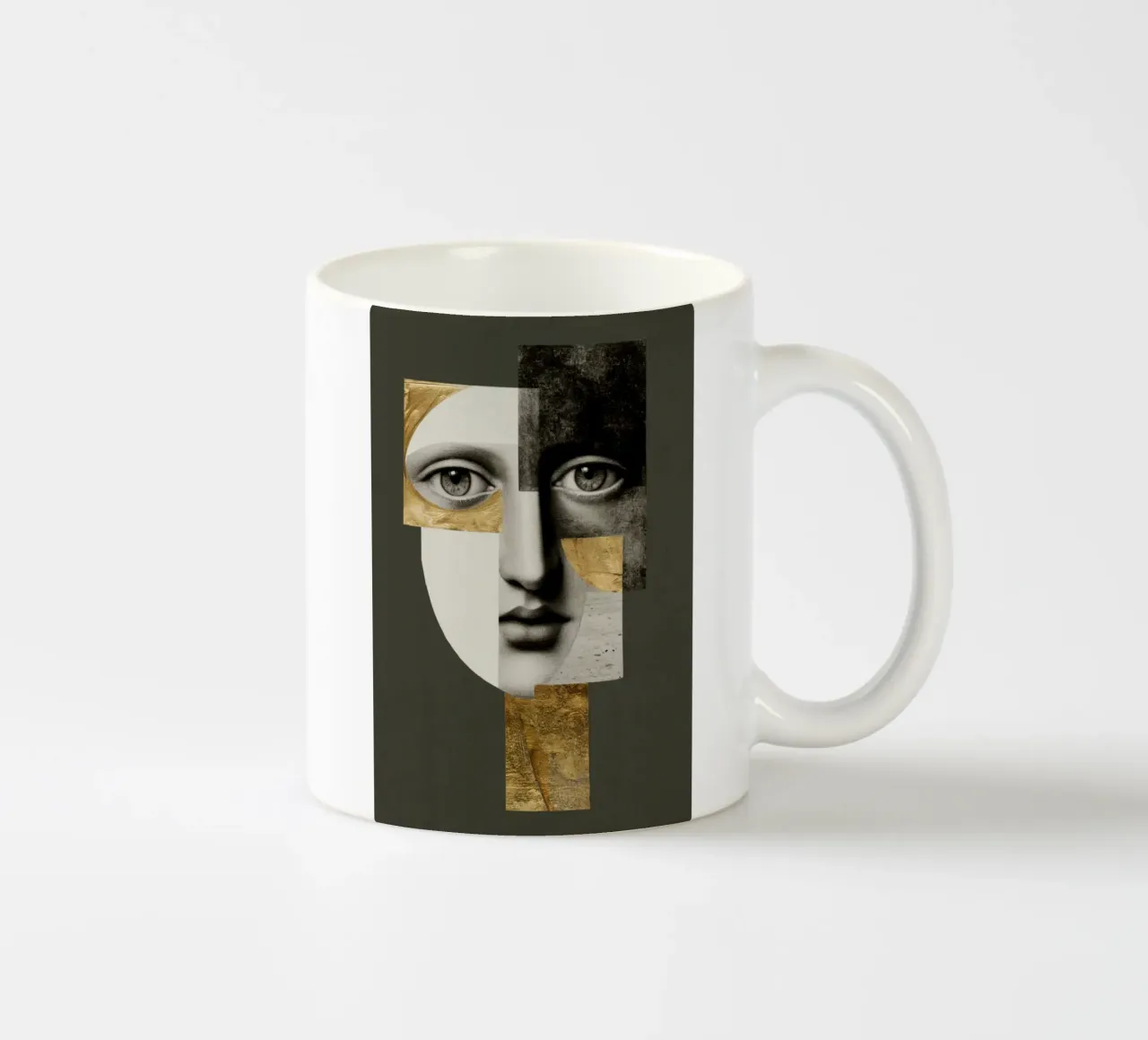 Collage di ritratti astratti con texture dorate e monocromatiche tazza in ceramica da Modern Muse