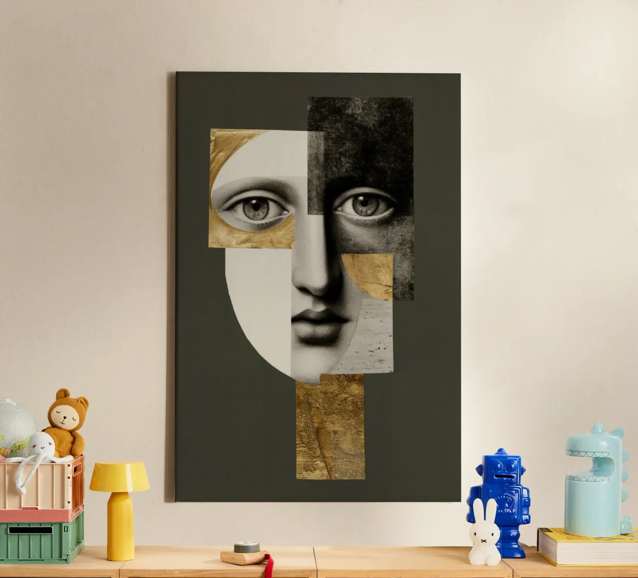 Collage di ritratti astratti con texture dorate e monocromatiche tela con Cornice a cassetta da Modern Muse