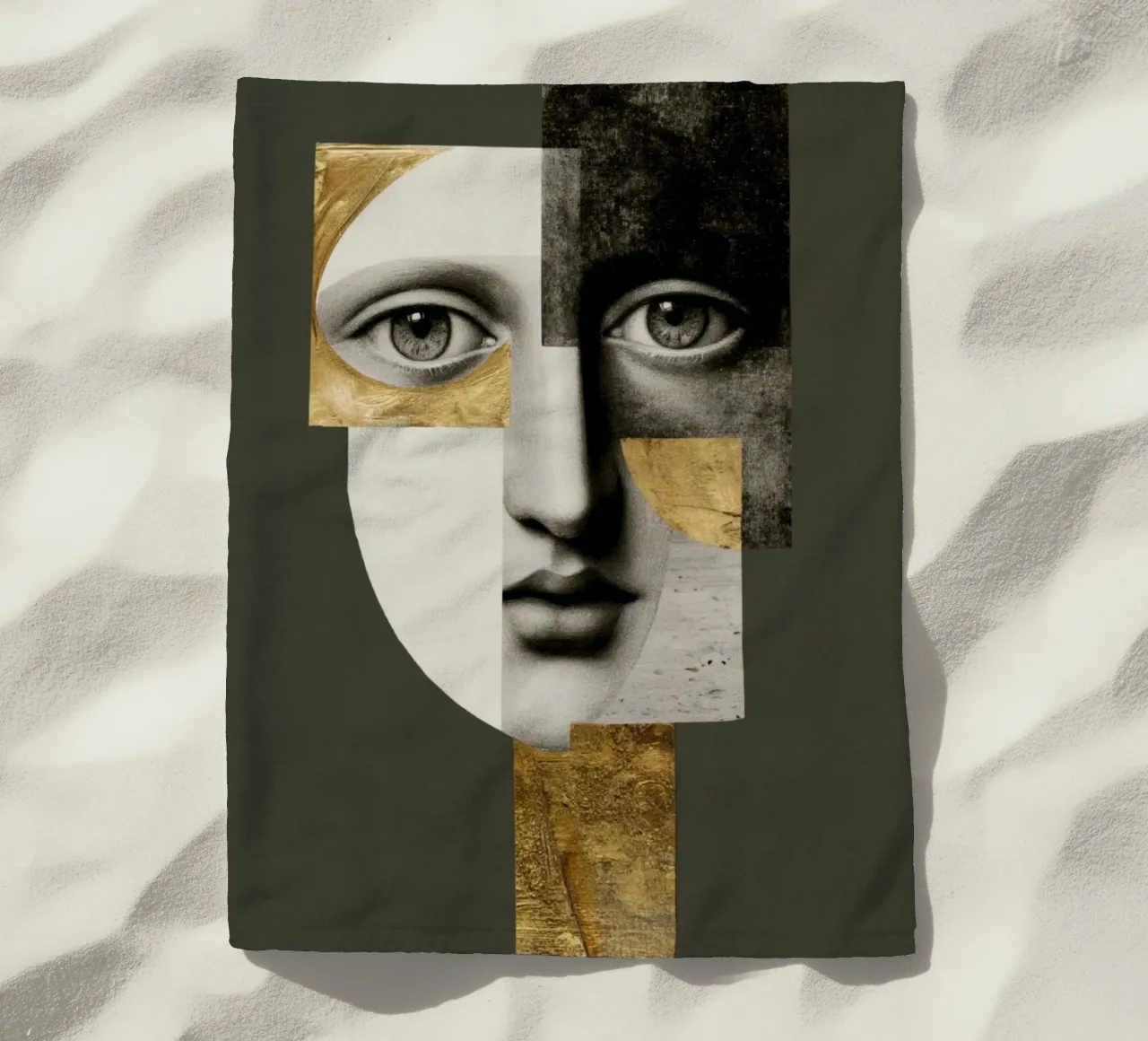 Collage di ritratti astratti con texture dorate e monocromatiche telo mare da Modern Muse