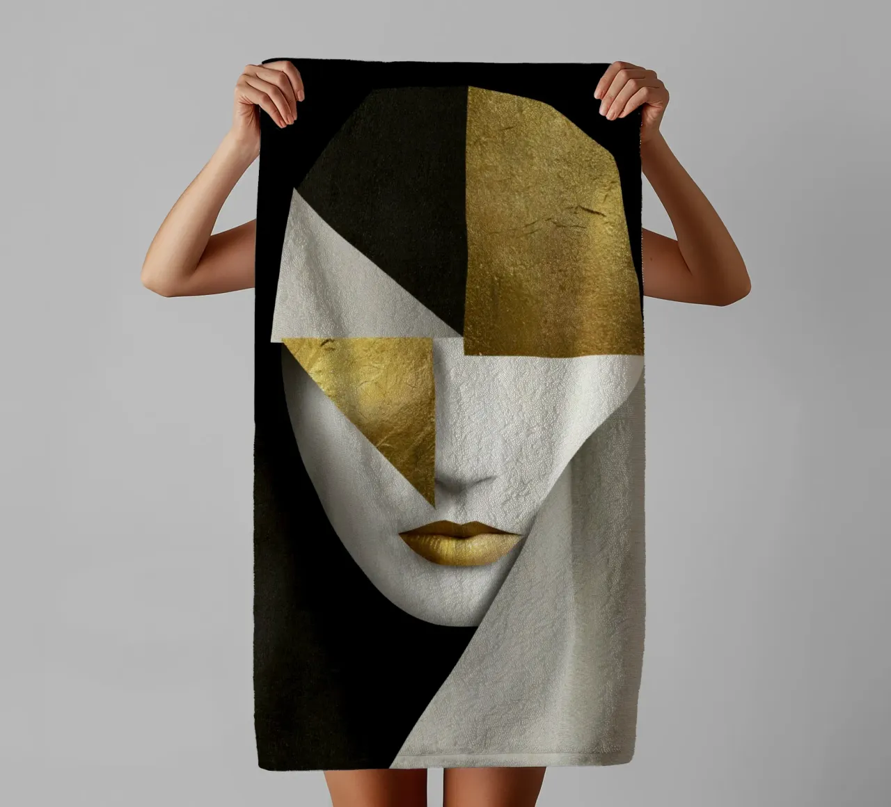 Abstract Portrait Collage with Gold and Monochrome Textures towel by Modern Muse