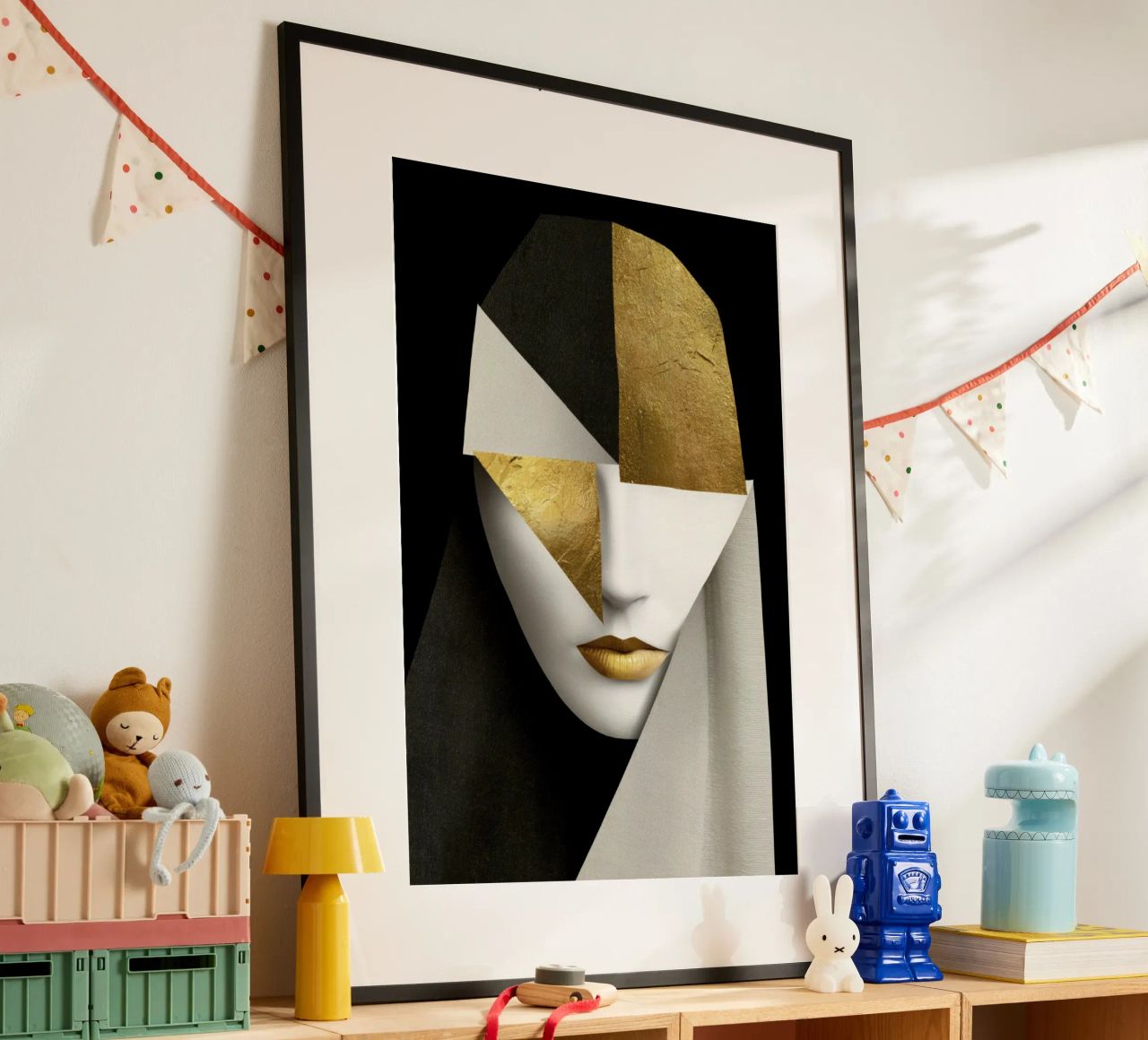 Abstrakte Porträtcollage mit Gold und monochromen Texturen Poster von Modern Muse
