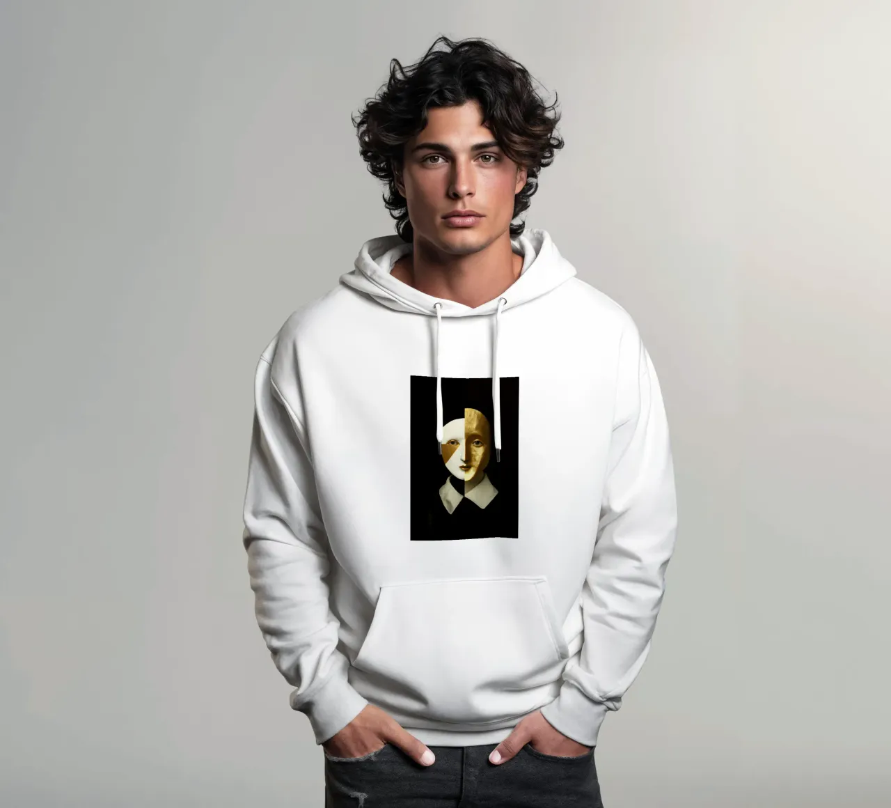 Ritratto astratto di Arlecchino femmina con texture dorata felpa con cappuccio da Modern Muse