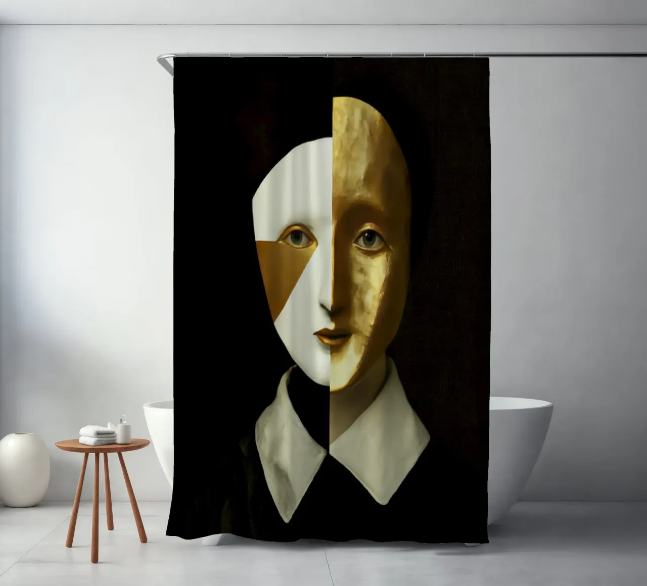 Abstract Female Harlequin Portrait with Gold Texture shower curtain by Modern Muse