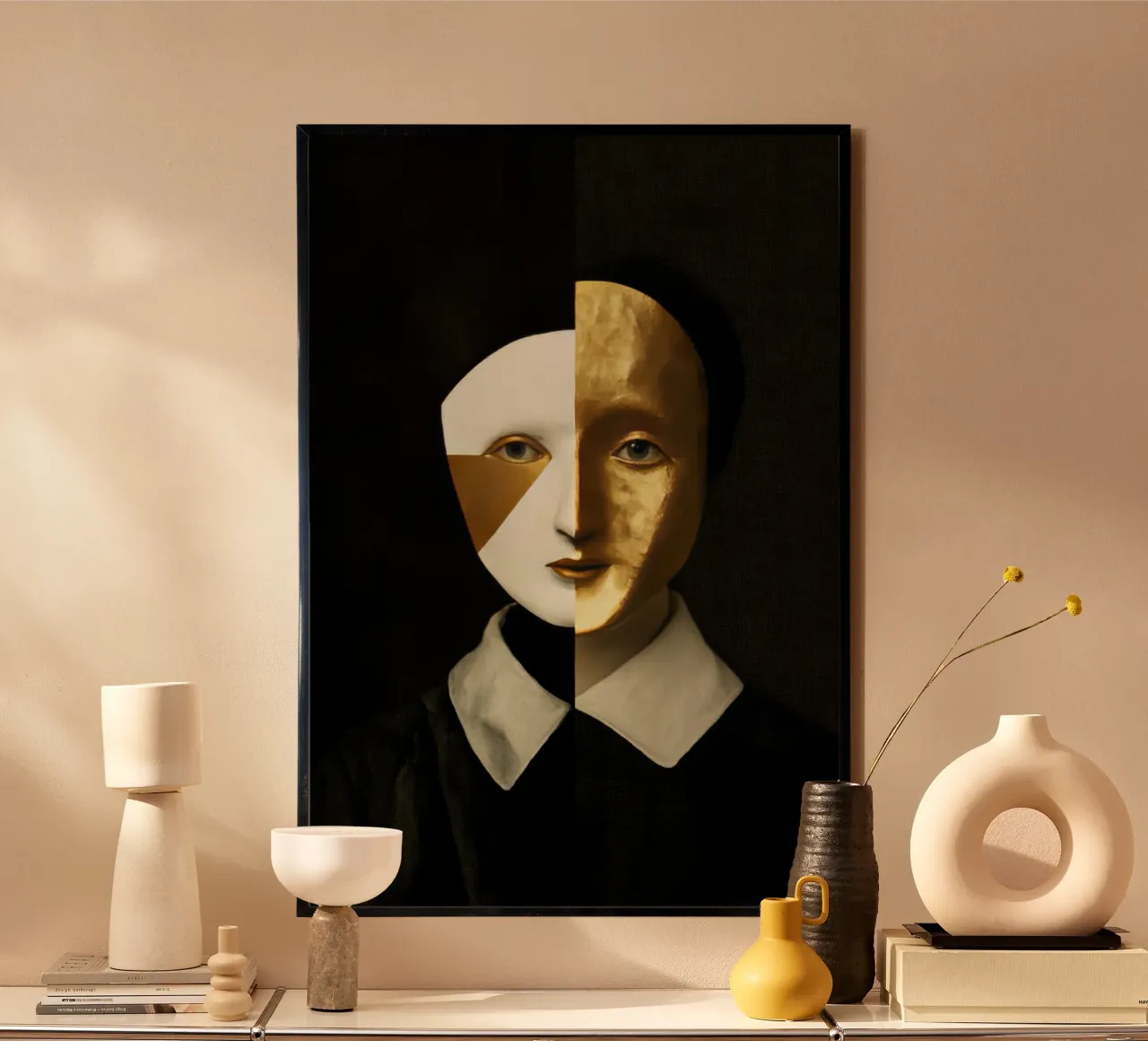 Ritratto astratto di Arlecchino femmina con texture dorata poster con telaio in plastica da Modern Muse