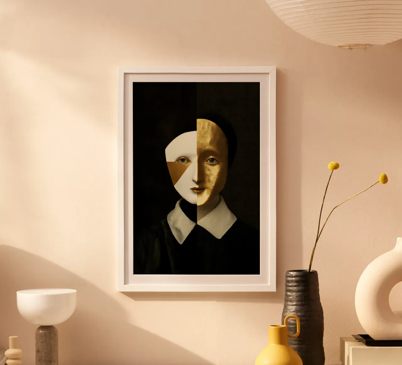 Ritratto astratto di Arlecchino femmina con texture dorata poster con telaio in plastica da Modern Muse